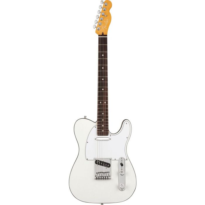 Full frontal view of a Fender American Ultra Telecaster RW Arctic Pearl