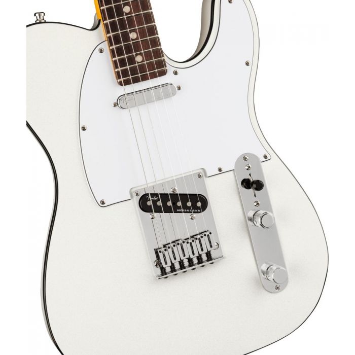 Front closeup view of a Fender American Ultra Telecaster RW Arctic Pearl