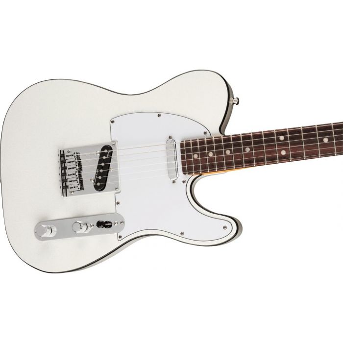 Front angled view of a Fender American Ultra Telecaster RW Arctic Pearl