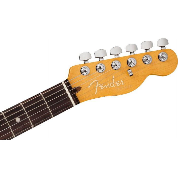 Closeup front view of the headstock on a Fender American Ultra Telecaster RW Arctic Pearl