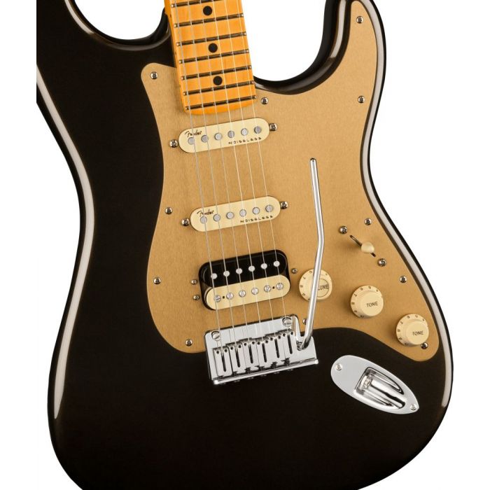 Front closeup view of a Fender American Ultra Stratocaster HSS MN Texas Tea