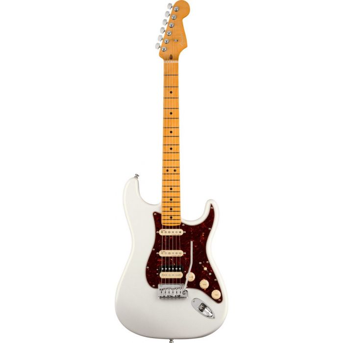 Full frontal view of a Fender American Ultra Stratocaster HSS MN Arctic Pearl