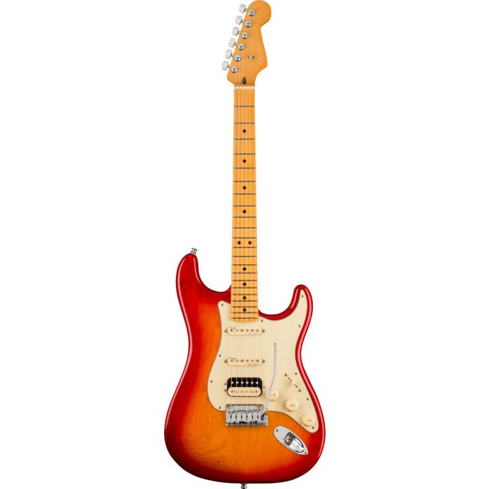 Full frontal view of a Fender American Ultra Stratocaster HSS MN Plasma Red Burst