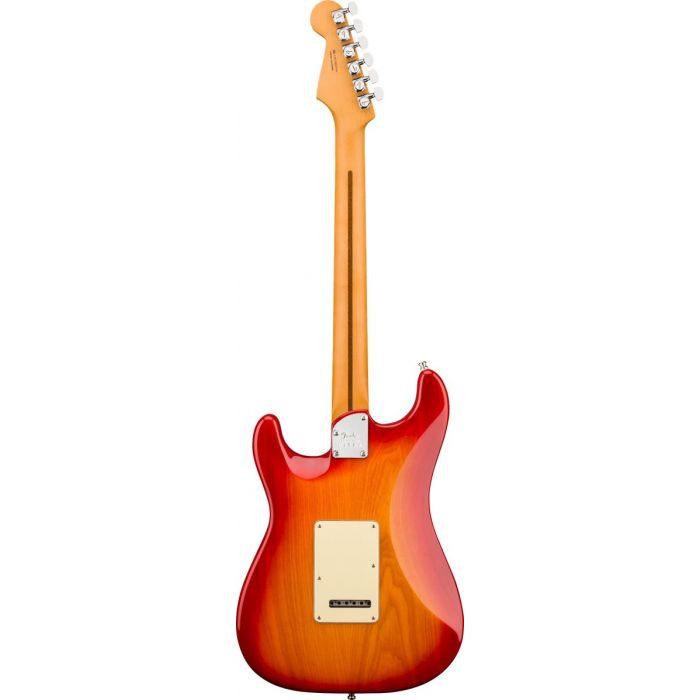 Full rear-sided view of a Fender American Ultra Stratocaster HSS MN Plasma Red Burst