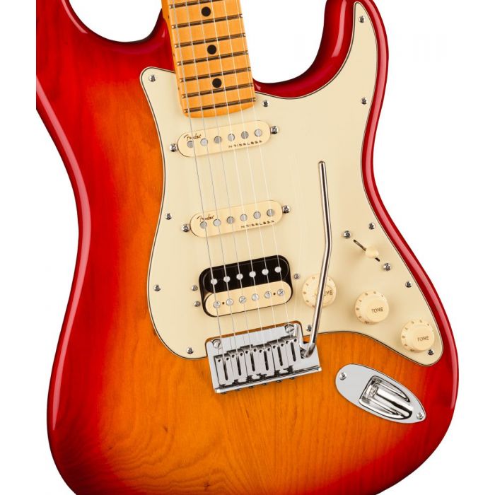 Front closeup view of a Fender American Ultra Stratocaster HSS MN Plasma Red Burst