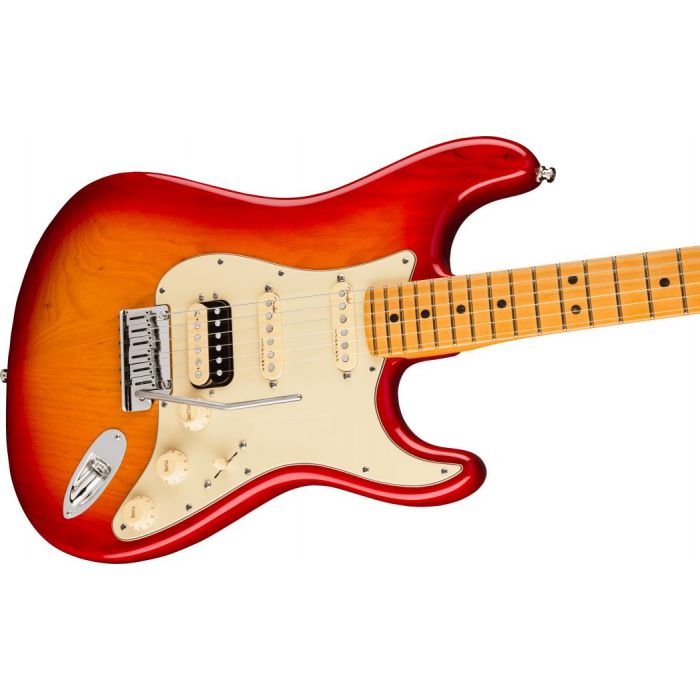 Front angled view of a Fender American Ultra Stratocaster HSS MN Plasma Red Burst