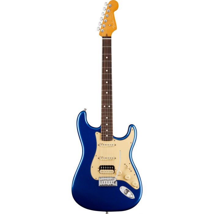 Full frontal view of a Fender American Ultra Stratocaster HSS RW Cobra Blue