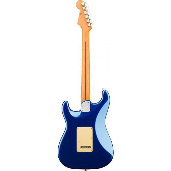 Full rear-sided view of a Fender American Ultra Stratocaster HSS RW Cobra Blue