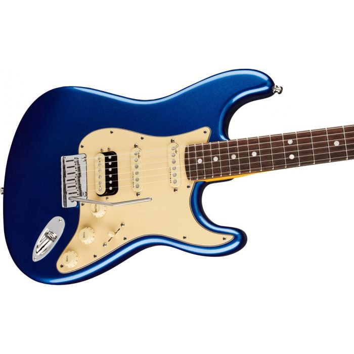 Front angled view of a Fender American Ultra Stratocaster HSS RW Cobra Blue