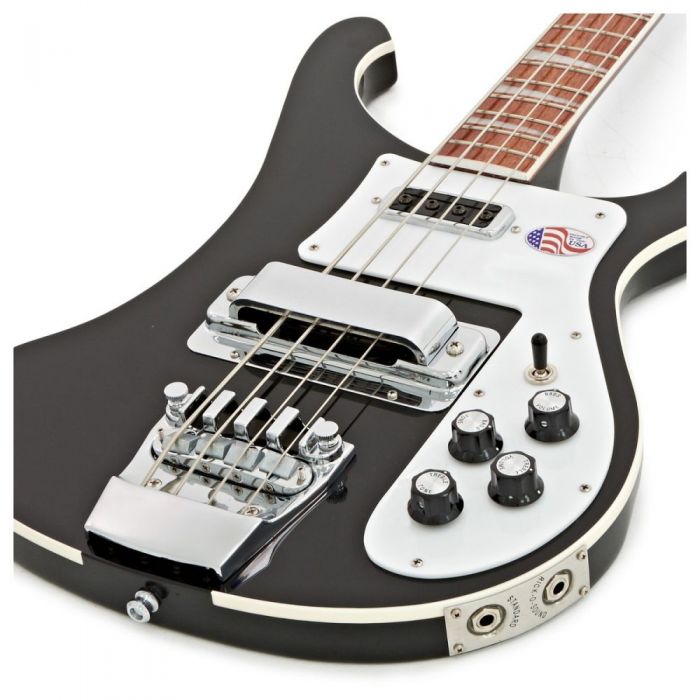 Closeup view of the body on a Rickenbacker 4003 Electric Bass Guitar in Jetglo