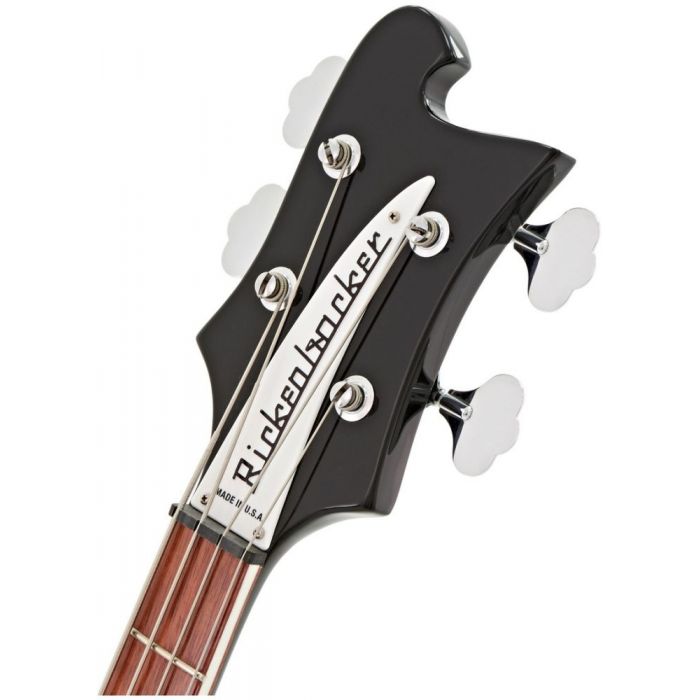 Closeup front view of the headstock on a Rickenbacker 4003 Electric Bass Guitar Jetglo