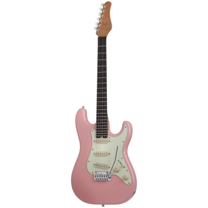 Full frontal view of a Schecter Nick Johnston Traditional Limited Edition guitar with an Atomic Coral pink finish