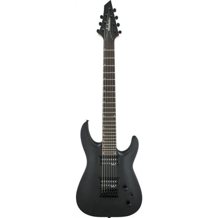 Full front view of a Jackson JS Series Dinky Arch Top 7-stringed guitar with a satin Black finish