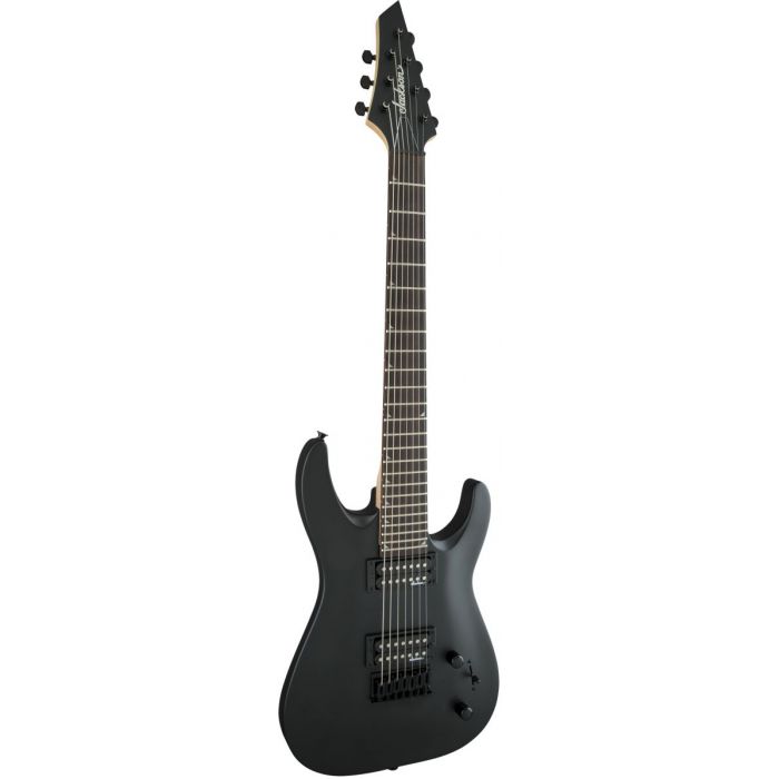 Front tilted view of a Satin Black JS Series Dinky 7-stringed guitar from Jackson
