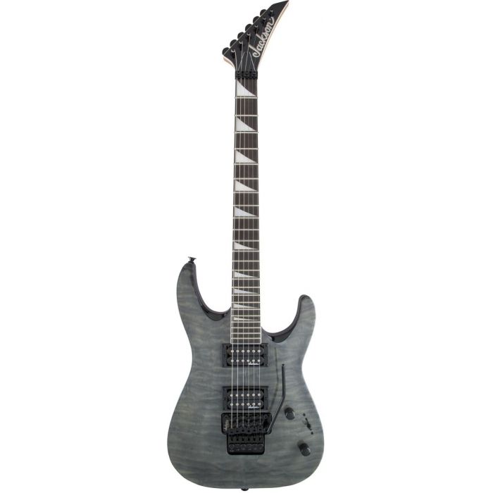Full frontal view of a Jackson JS-series Dinky guitar, with a Quilt Maple top and Transparent Black finish