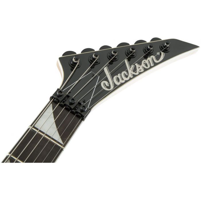 Closeup of the headstock on oh a JS Series Jackson Dinky electric guitar