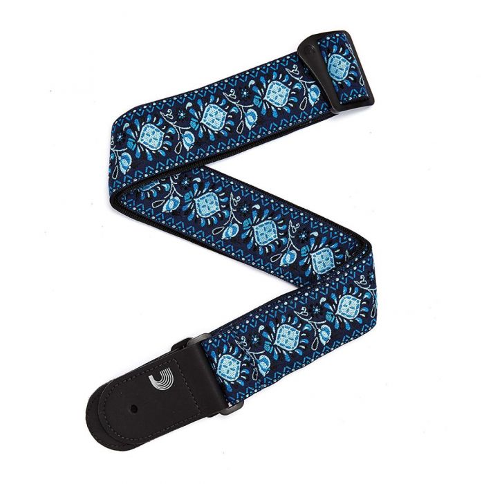 Full view of a blue woven guitar strap from Planet Waves - 2 inches thick, inspired by Monterey Pop Festival