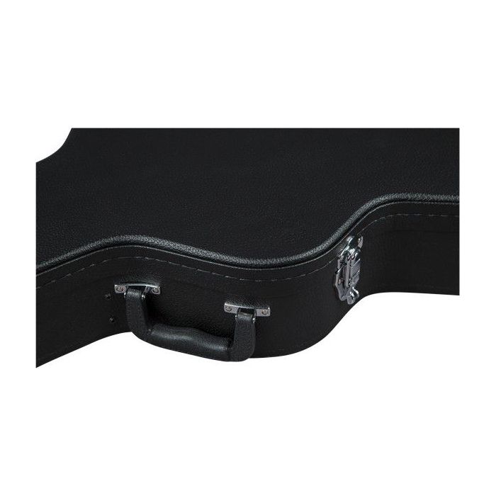 Closeup of the carry handle on a black Gretsch hardshell case for G2622T Streamliner guitars