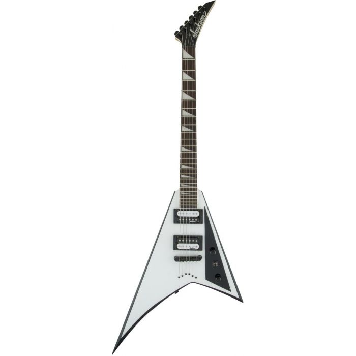 Main image of a Jackson JS Series Rhoads electric guitar, sporting a White Finish with Black Bevels