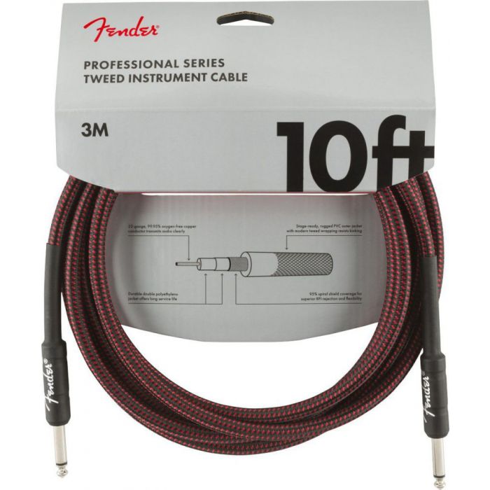 Full packaged view of a 10ft Fender Pro Series Instrument cable, with a Red Tweed outer cover