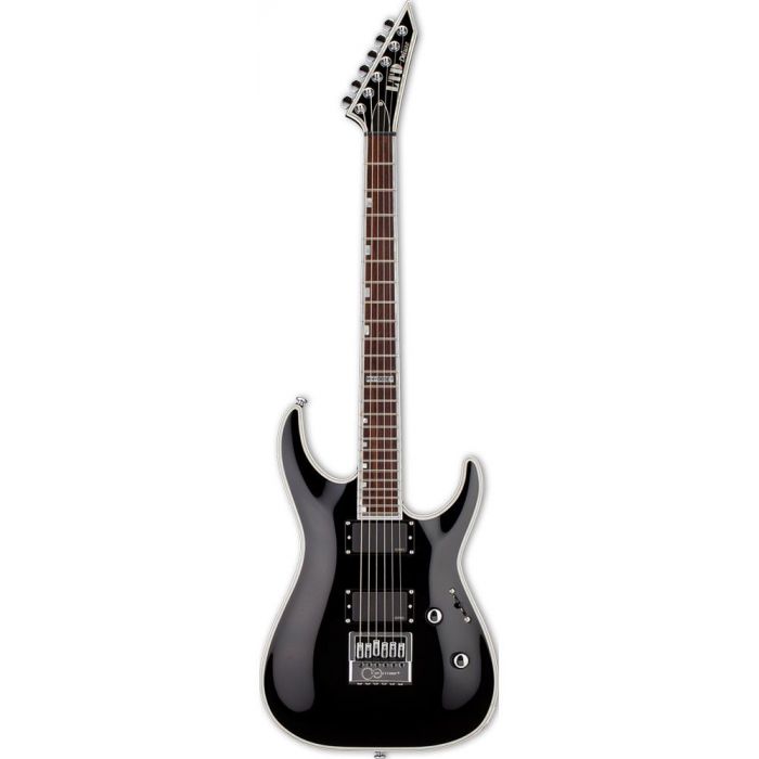 Front view of an ESP LTD 1000s series super-strat with an Evertune Bridge, and a black finish