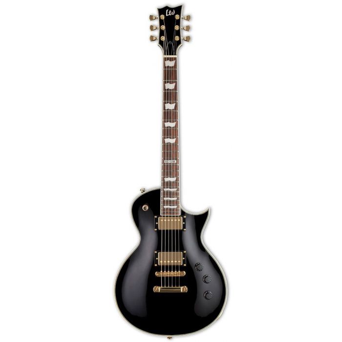 Single cutaway ESP LTD EC-256 guitar, with a black finish and gold hardware