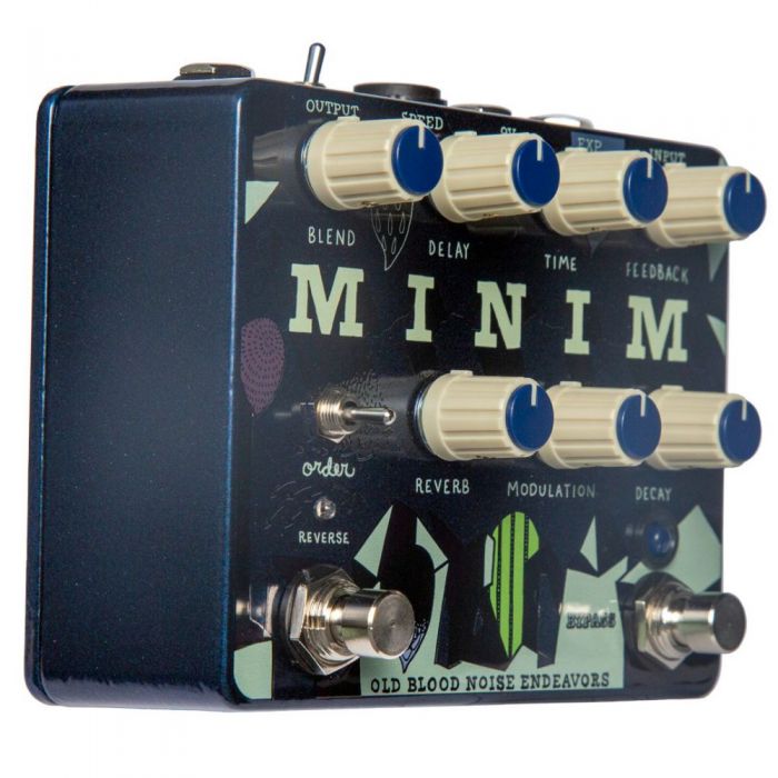 Left-angled view of an OBNE Minim Delay/Reverb pedal
