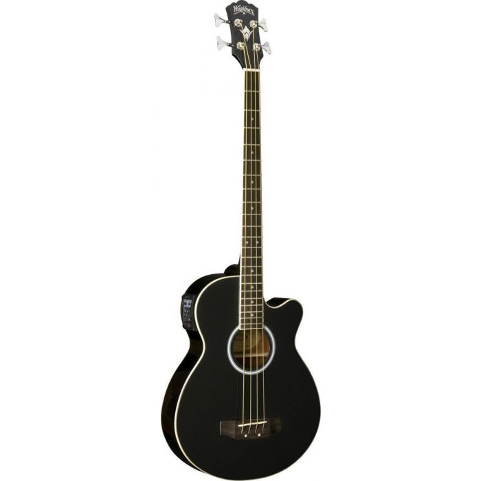 Full view of a Black Washburn Electro Acoustic bass, with a Black Walnut fretboard