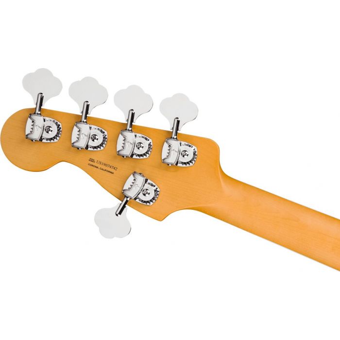 Rear vie wof the headstock on a five string Fender American Ultra Jazz Bass