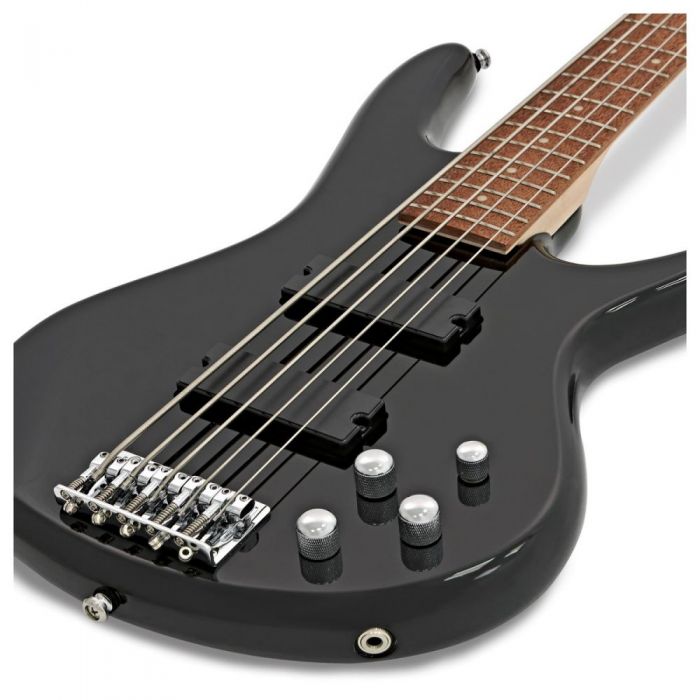 Angled view of a black Ibanez GR205 bass guitar