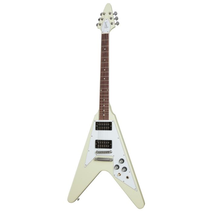 Full frontal view of a Gibson 70s Flying V Classic White Guitar