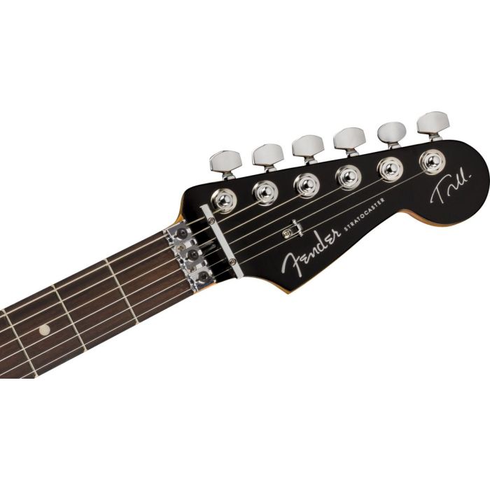 Front view of the headstock on a Fender Tom Morello Stratocaster RW Black Electric Guitar
