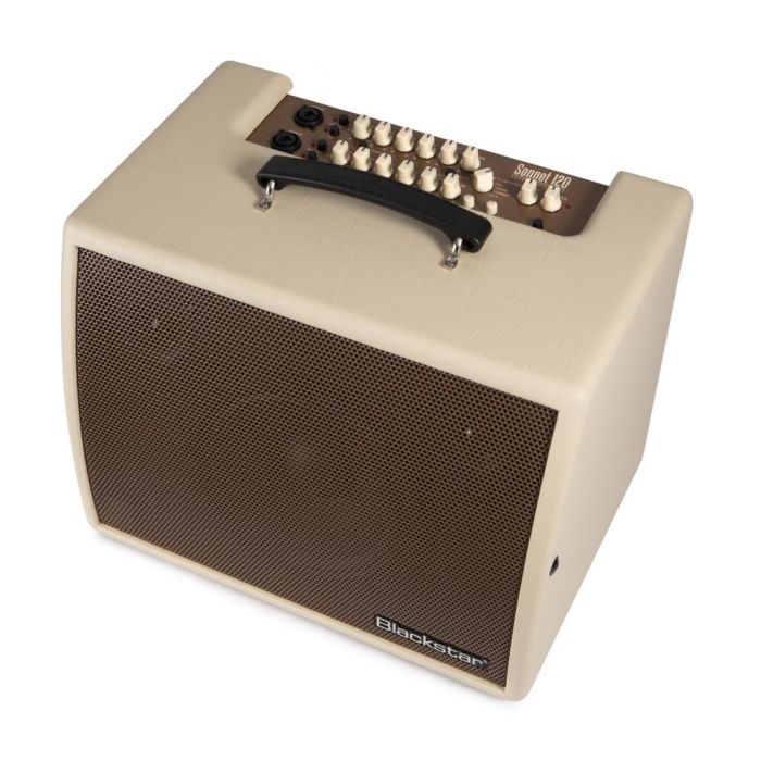 Front left angled view of a Blackstar Sonnet 120 Blonde Acoustic Combo Amplifier