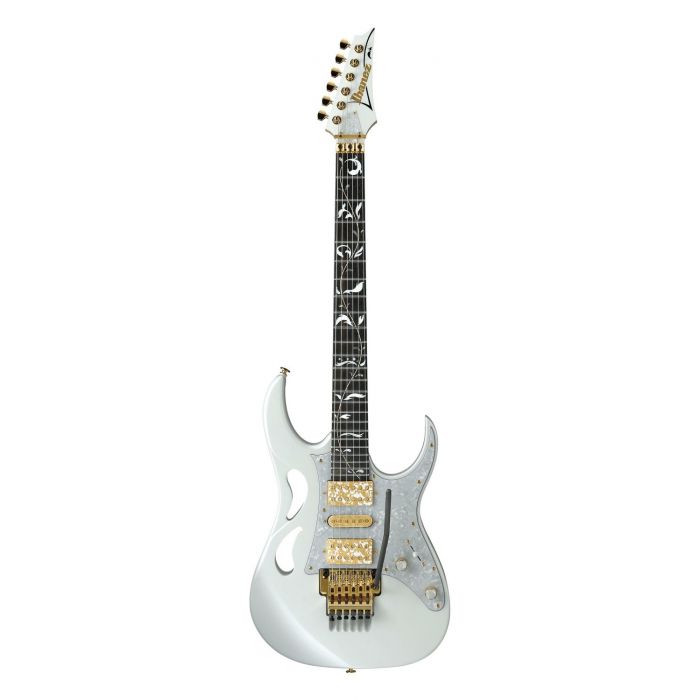 Full frontal view of a Ibanez Steve Vai Signature PIA Stallion White