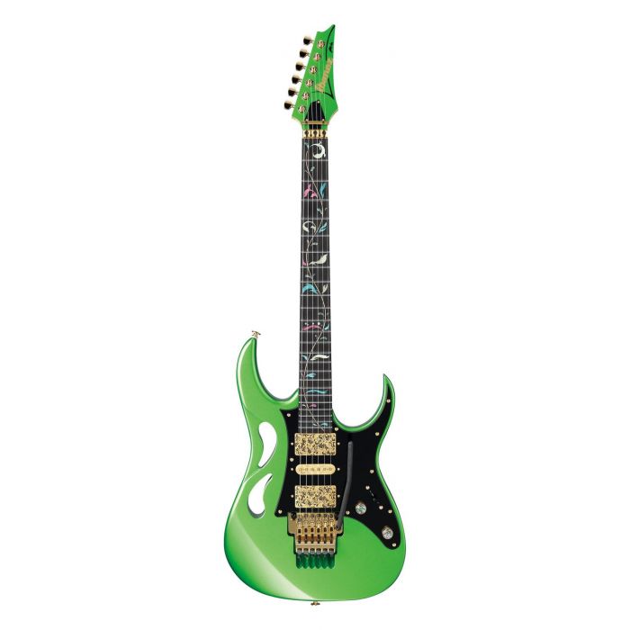Full frontal view of a Ibanez Steve Vai Signature PIA Envy Green