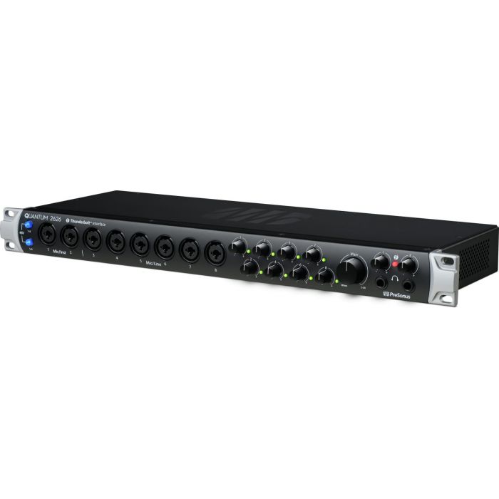 Front angled view of a PreSonus QUANTUM 2626 26x26 Thunderbolt 3 Interface