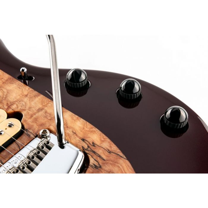 Closeup of the controls on a Music Man BFR Majesty Electric Guitar in Jester Red
