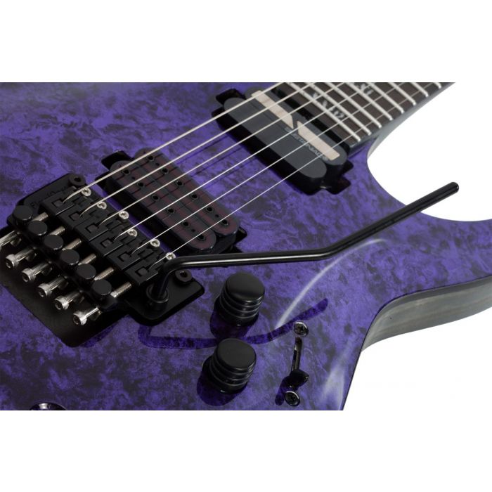 Closeup of the pickups on a Schecter C-1 FR S Apocalypse Purple Reign Guitar