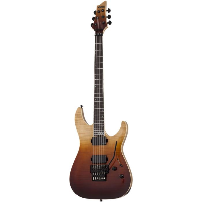Full front view of a Schecter C-1 FR SLS Elite Electric Guitar, with an  Antique Fade Burst finish