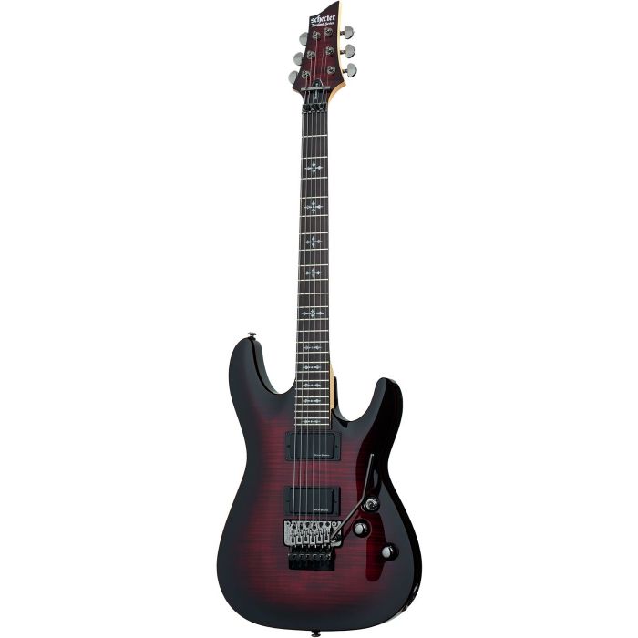 Full front view of a Schecter Demon-6 FR Electric Guitar, with a Crimson Red finish
