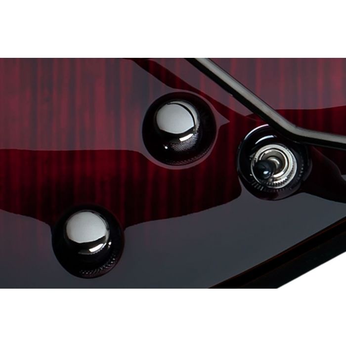 Control knobs and switch on a Schecter Demon-6 FR Electric Guitar, Crimson Red