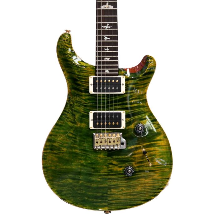 Full frontal vie wof a PRS Custom 24 Emerald Flame Maple Electric Guitar, Ebony FB
