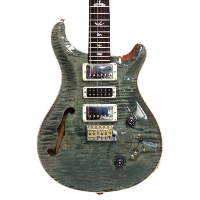 Closeup front view of a PRS Special Semi-Hollow Limited Edition Trampas Green 10 Top