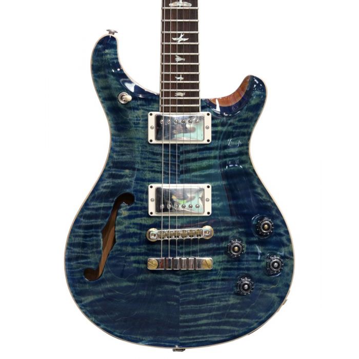 Closeup front view of a PRS McCarty 594 Semi-Hollow Limited Edition River Blue