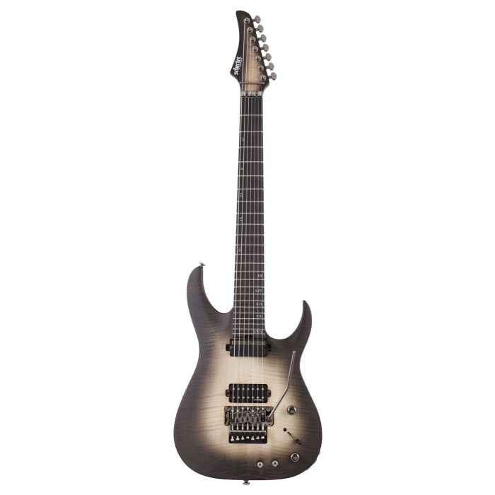 Full frontal view of a Schecter Banshee Mach-7 FR-S Guitar in Ember Burst
