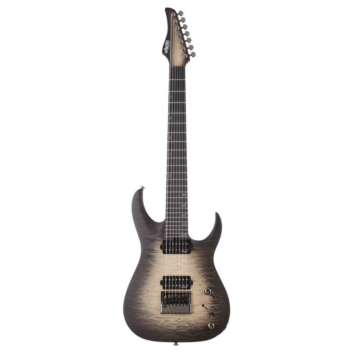 Full frontal view of a Schecter Banshee Mach-7 Evertune 7-String Guitar with an Ember Burst finish