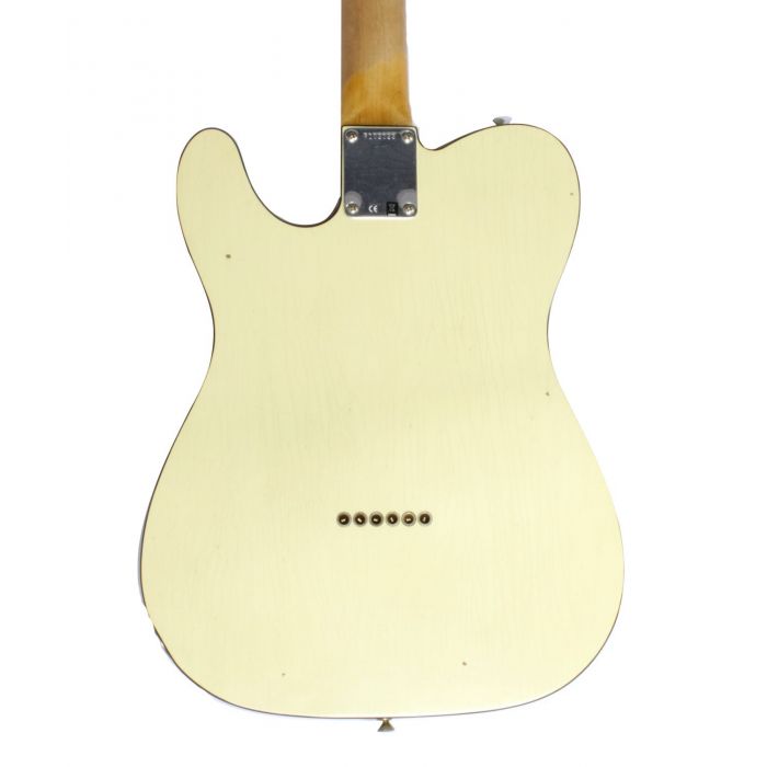 Rear view of the body on a Fender Custom Shop Telecaster Journeyman Relic, Vintage White