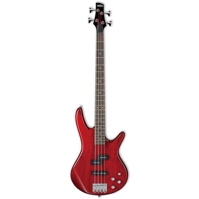 Full frontal view of a Ibanez GSR200-TR Gio Sr Series Electric Bass in Transparent Red