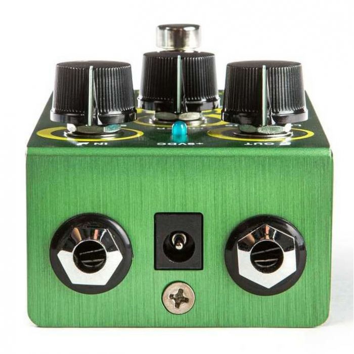 Closeup of the jack sockets on a Way Huge Smalls WM41 Swollen Pickle Fuzz Pedal