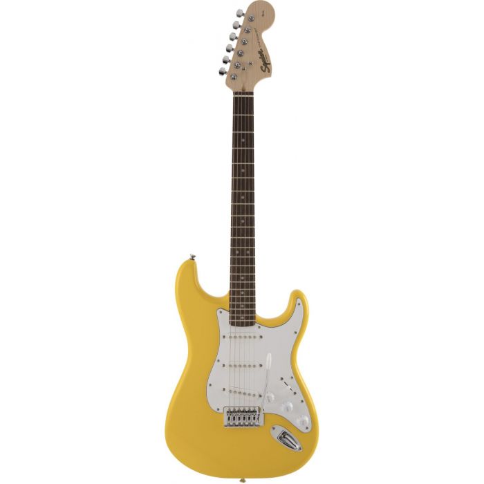Full frontal view of a Squier Affinity Series Stratocaster Graffiti Yellow